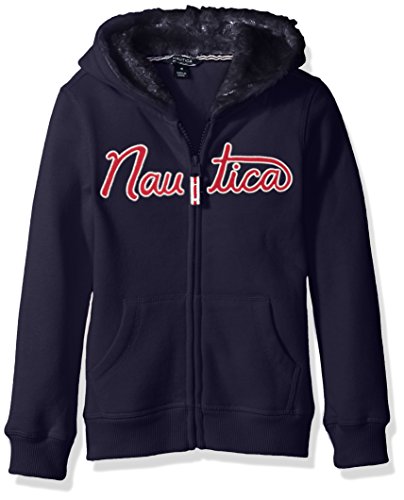 Nautica Little Girls' Logo Fleece Hoodie with Eyelash Lined Hood, Navy, 4