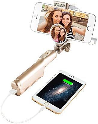 GPLAN Extendable Selfie Stick Built-in Power Bank Wired Self-portrait Monopod with Rear Mirror and Fill Light for iPhone 6S/6 iPhone 5/5S Samsung S7 Huawei P10 or Android Phones(Gold)