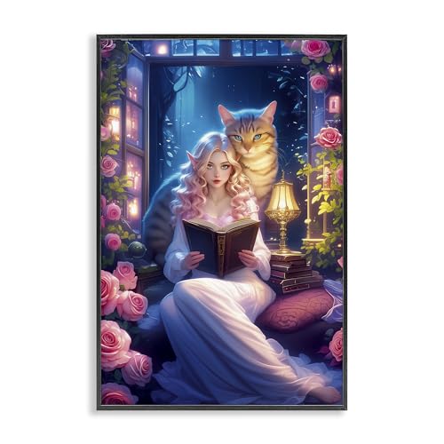 Stupell Industries Mysterious Girl & Cat Black Framed Giclee Art design by Imag…