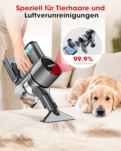 Muvano Cordless Vacuum Cleaner, 3 Cleaning Modes, 99.9% Filter Performance, Battery Vacuum Cleaner with Wall Mount for Carpets, Tiles, Pet Hair, Parquet and Hard Floors, Black