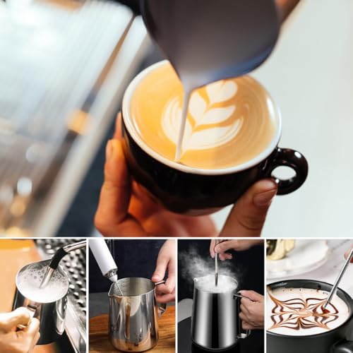 MXHIGO Jarra para Espumar Leche con Línea de Escala Interior y Latte Pen, 350ml/12oz Taza Jarra de Vapor Exprés de Acero Inoxidable, Perfecta para Cafetera Espresso, Barista, Latte, Capuchino, Café