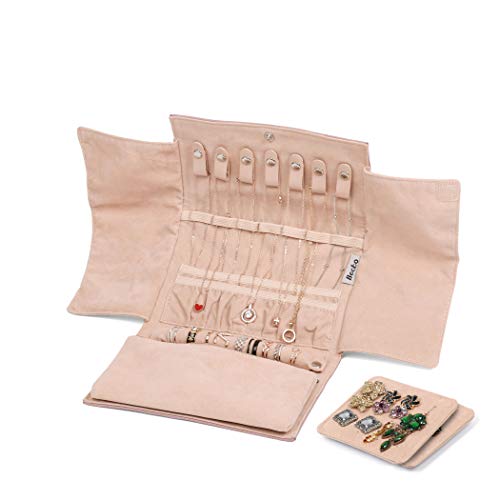 Becko Jewelry Organizer Roll Travel Jewel Bag case for Multiple Necklaces, Rings, Bracelets, Supple Leather & Suede, Large Capacity Without Crease, Lightweight, Portable & Practical (Pink)