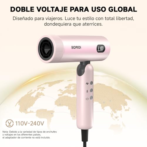 Secadora de Cabello, Bomidi Secador de Pelo Plegable Alta Velocidad Profesional, 100000RPM con ionico de 500M Y Pantalla LED Y Modo Autolimpieza,110-240V, Ideal para Cabello Liso y Ondulado HD08