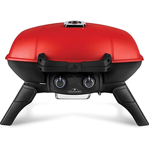 Napoleon TravelQ 285 Portable Gas BBQ Grill, Propane, Red Lid - TQ285-Rd-1-A - Two Burners, Cast Iron Cooking Grids, Comes with Drop-in Griddle, Ideal for Camping & Tailgating