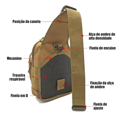 Bolsa Tática Militar Pochete Transversal Oxford Reforçada Unissex Multiuso Camuflada Shoulder Bag de Peito Moto Trilha Camping Motoboy 27,5x21x9 cm (Preto)
