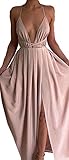 Missord Women Deep V Summer Slit Maxi Dress with Strap for Prom Party