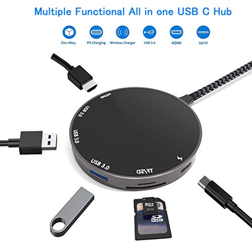 USB C Hub Adapter, Type C Hub with Wireless Phone Charger,8-In-1 USB C Hub with 4K HDMI,USB C Charging Ports,3 USB 3.0,SD/TF Card Reader for MacBook/MacBook Pro/Google/Samsung/iPhone X/XS.Patented
