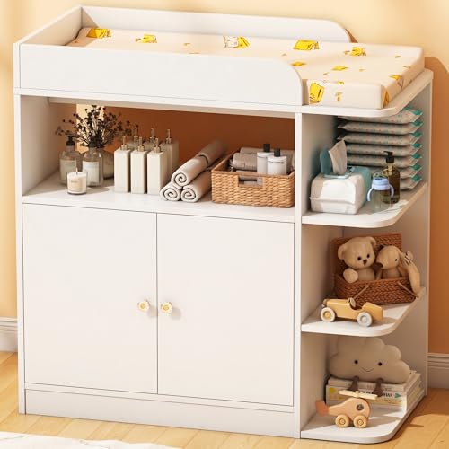 Wanan Changing Table Dresser with Large Cabinet for Nursery, Wood, White