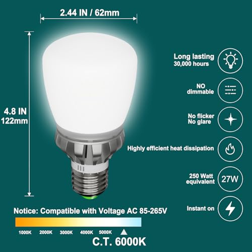 JIUYUAN E27 LED Bulb, 27W (Equivalent to 250W) 6000K Cool White Light 3760 Lumens, E27 LED A60 Bulbs, 360 Degree Beam Angle, Non-Dimmable, LED Lamp, Pack of 2