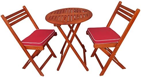 Zen Garden Eucalyptus Foldable 3-Piece Round Bistro Set with Chair Cushions, Natural Wood Finish
