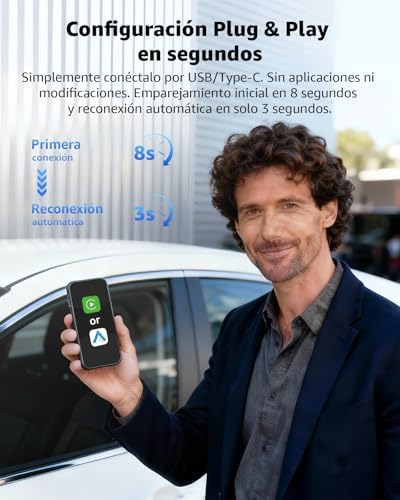 Adaptador sem fios CarPlay e Android Auto, conversor Mini USB-A/USB-C Plug & Play, ligado para wireless, WiFi 2.4GHz/5GHz, ligação automática, para carros com CarPlay, prateado