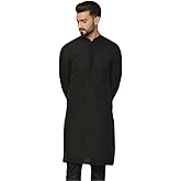KISAH Men's Black Jacquard Silk Blend Kurta- Regular Fit Long Tunic with Mandarin Collar|Ethnic Wear for Weddings & Festive Occasions