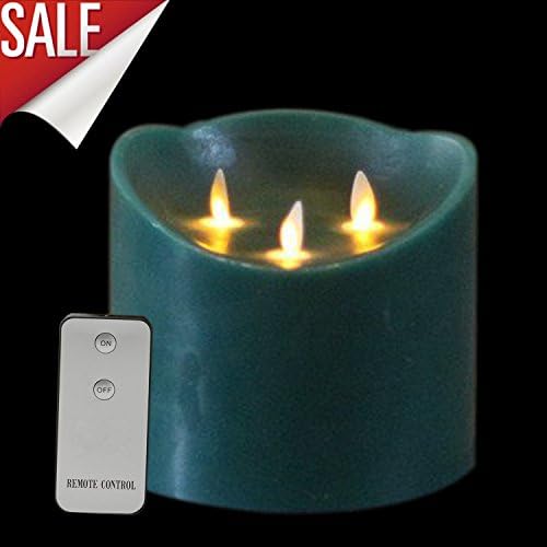 Moving Wick Flameless Candle, Battery Operated Pillar with Remote, A Tall 6" X 6" Green Colored Wax with 3 Flickering Amber Yellow Flame for Wedding Decorations, Brides, Parties, Gifts