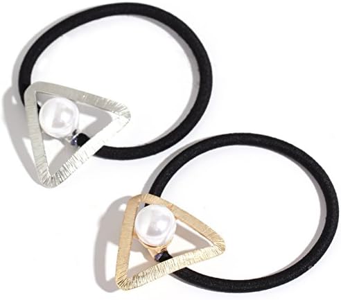 Face Forever 2pcs Triangle Metal Faux Pearl Elastic Hair Tie Ponytail Hairband Gold and Silver
