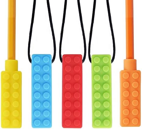 |New Upgraded Tougher CHEW| CHEW~E~Chainz Premium Pack Sensory Chew Necklace Set (5-Pack-Includes 2 Bonus Pencil Toppers)- Silicone Chewy for Autism, ADHD, Biting & Teething Boys and Girls
