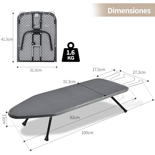 Tabla de Planchar Plegable, 100×31cm Burro de Planchar Plegable con Marco de Hierro, Mini Tabla de Planchar de Sobremesa con Funda de Algodón Resistente al Calor, Apto para Espacios Reducidos y Viaje