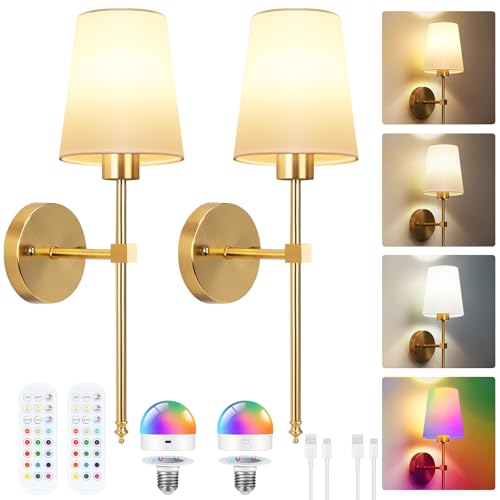 Tobeape Battery Operated Wall Night Light Set of 2, Wireless Cordless Sconce with Remote, 2500 mAh Rechargeable LED Wall Lamp Lighting Fixture with 15 Color for Bedroom Living Room Hallway Stair Decor