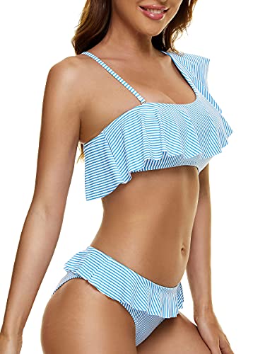 Peddney Women Flounce One Shoulder Bikini Swimsuit Ruffle Stripe Print Two Piece Bathing Suits