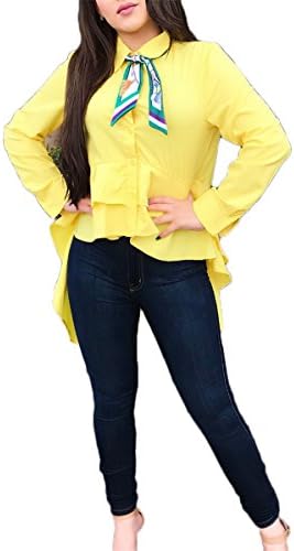 Women Ruffle High Low Hem Buttom Down Long Sleeves Denim Dress Jean Shirts Tops Shirt Dress Blue M