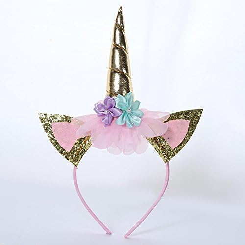 YouMeBest Children Funny Unicorn Horn Headband with Cute Flowers for Unicorn Theme Party, Party Decoration or Cosplay Costume, Gold