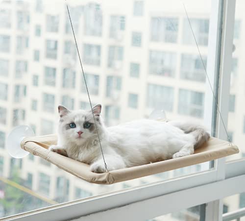 Qchomee Cat Hammocks Window Seat Cat Perches Pet Hanging Bed 4 Big Suction Cups Holds Up To 33lbs,Space Saving and Safe Mounted Pussy Cat Mog Bed,Khaki