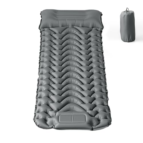 RUMBALUXY Inflatable Camping Sleeping Pad with Built-in Foot Pump Waterproof & Tear-Resistant 50D Nylon Mattress Portable, Compact Air Mat Camping Mat for Backpacking, Hiking, Tents, Grey
