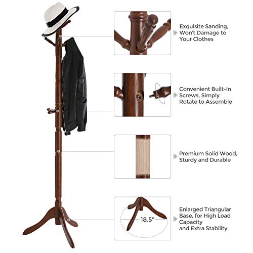 VASAGLE Coat Rack, Solid Wood Coat Stand, Free Standing Hall Coat Tree