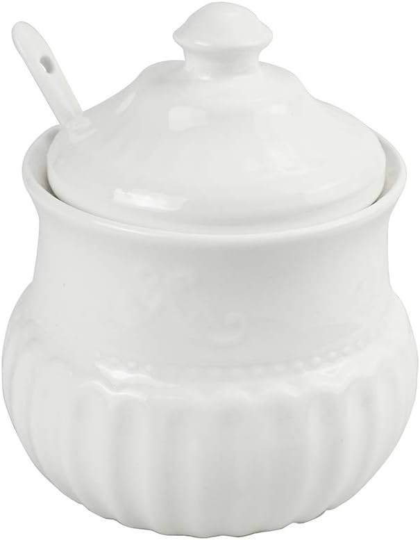 White Sugar Bowl, Ceramic Sugar Bowl with Lid and Spoon for Home and Kitchen 14 oz