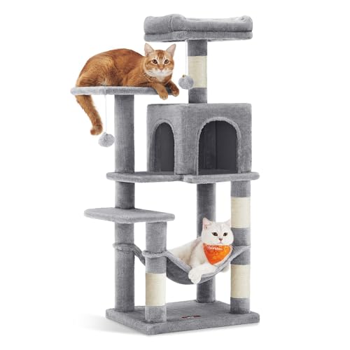 Árbol para Gatos, Altura 112 cm, Torre de Gatos, con 4 Postes Rascadores, 2 Plataformas, 1 Cueva, 1 Hamaca, 2 Pompones, Tela de Felpa, Multinivel, Gris Claro PCT261W01