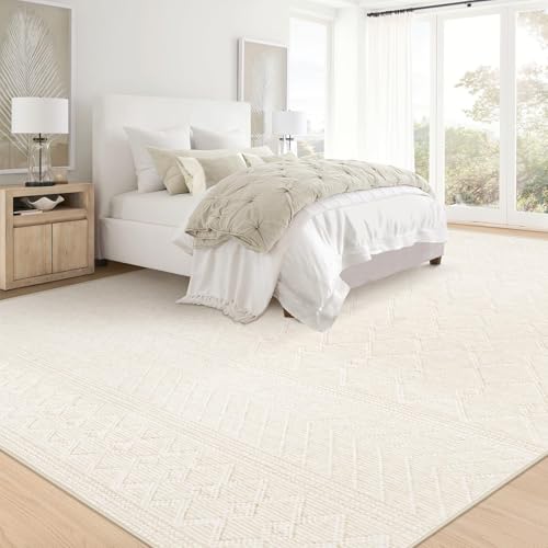 8x10 Area Rug Living Room: Washable Boho Geometric Moroccan Rug Neutral Modern Farmhouse Indoor Soft Non Slip Ultra Thin Large Printed Pattern Carpet for Bedroom Home Office (Beige, 8'x10')