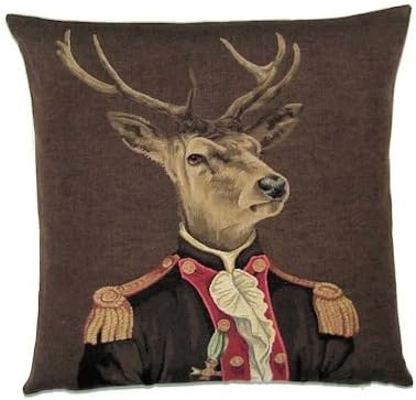 Belgian Tapestry Throw Pillow Cushion Cover aristocratic stag with brown costume square 18"x18"
