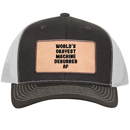 World's Okayest Machine Deburrer - Leather Light Brown Patch Engraved Trucker Hat, Grey-White, One Size