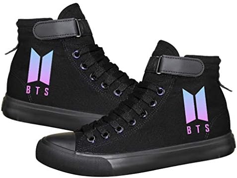 Bts shoes BTS canvas shoes with casual shoes fashion high shoes men and women breathable sports shoes bulletproof youth canvas shoes (size: 35-44) BTS stars (Color : Black, Size : 36)