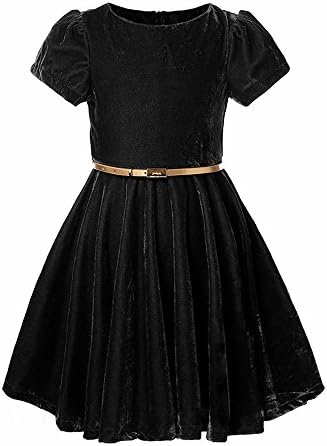 MyFun Girls Velvet Retro Midi Swing Dress 1950s Vintage Short Sleeve Solid Black With Belt For Evening Wedding Party (5-6 Years, Black)