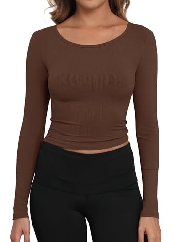 Artfish Women's Casual Basic Ribbed T-Shirts Slim Fitted Boat Neck Long Sleeve Crop Top (Chocolate Brown, S) at Amazon