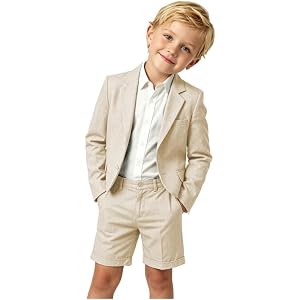 Boys Linen Suit 3Pieces Kids Lightweight Summer Blazer Shirt Shorts Suit | Notch lapel,Adjustable Waist,Toddler Wedding Ring