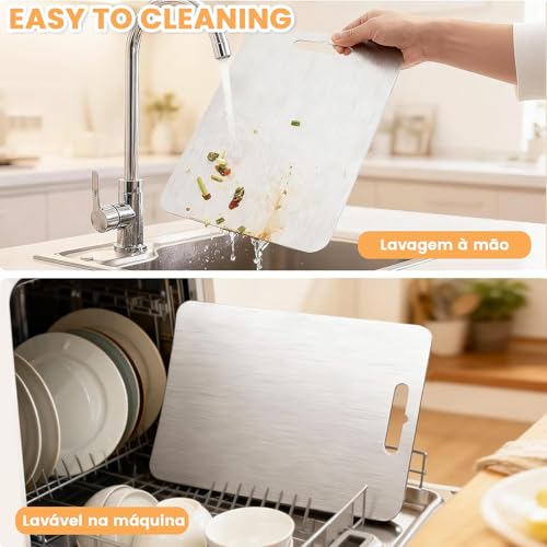 Tábua de Cortar em Aço Inoxidável 34 X 23 e 46 X 30 CM, Antibacteriana e Resistente À Deformação, Tábua de Cozinha Dupla Face, Adequada para Separar Carne e Vegetais