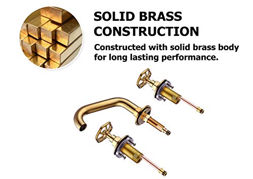 RKF Solid Brass Two Handle Widespread Bathroom Sink Faucet with Pop-up Drain with overflow and CUPC Faucet Supply Hoses,Brushed Gold,CWF026C-BG