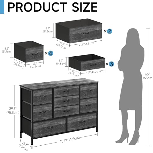Flrrtenv Tall 9 Drawers Dresser Storage with Wood Top, TV Stand, Fabric Wide Storage Tower, Sturdy Steel Frame Storage Organizer Fit for Bedroom, Living Room, Hallway, Entryway, Closets, Black Oak