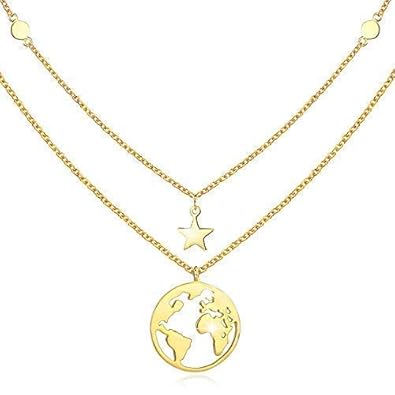 cuoka Goldkette Damen mit Weltkarten Anhänger 925 Sterling Silber Doppelkette Halskette Schmuck für Frauen Madchen Kettenläng