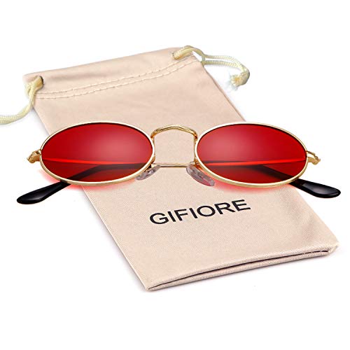 Vintage Sunglasses Retro Oval Designer Sunglasses For Women Men (Gold Frame Red Lens, 42)