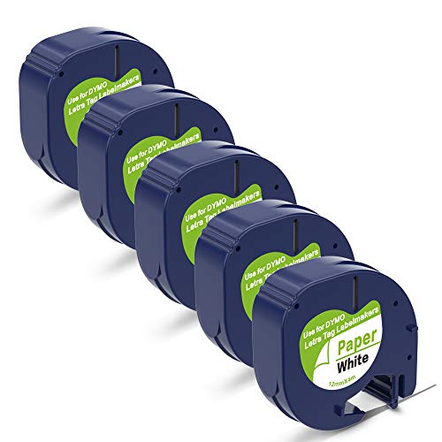 P PUTY Compatible Label Tape Replace DYMO LetraTag Refills 91330 10697 Self-Adhesive Paper Label Tape,for DYMO LetraTag LT-100H LT-100T QX50 Label Maker, Black on White, 1/2 Inch x 13 feet, 5 Pack