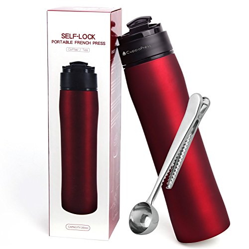 Click Here to See More Images Travel French Press Coffee & Tea Maker Mug For Ground Coffee & Loose Leaf Tea, Double Walled Stainless Steel, Vacuum Insulated - Coffee Scoop Bag Clip Included - 12oz | 350 ml