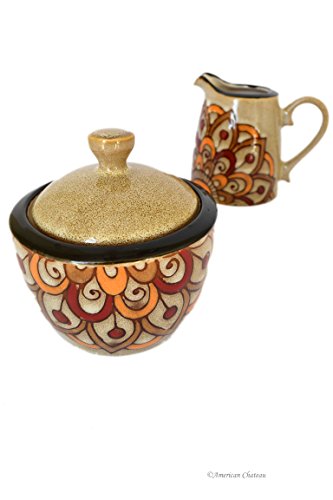 Large Peacock Feather Tail Colorful Ceramic Covered Sugar Bowl and Creamer Set