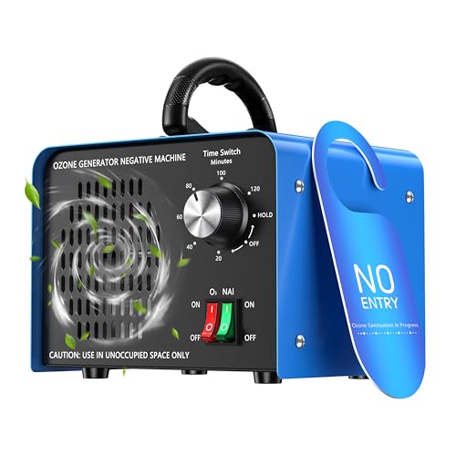 Ozone Generator 100,000 mg/h, Ozone Device with Negative Ions and 120 Minute Timer, Ozone Air Purifier for Odour Elimination for Car, Home, Pets, Smoke, Commercial/Industrial Use/Applicable 600 m² Blue