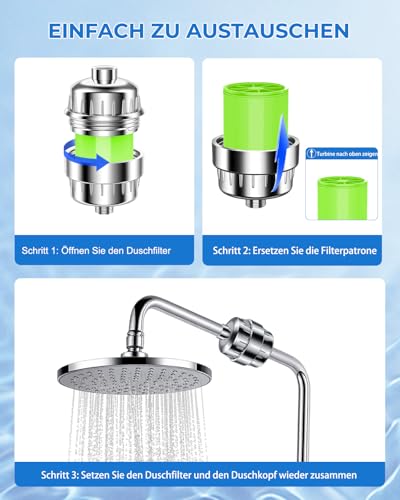 Hard Water Shower Filter, Water Shower Filter with Green Interchangeable Cartridges, Shower Filter to Remove 99% Chlorine, Heavy Metals and Other Deposits, Protects Skin and Hair (2 Pack)