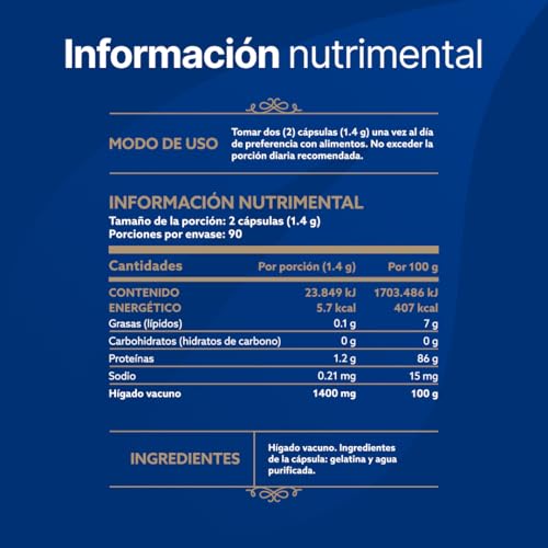 Hígado Vacuno de Res de Nueva Zelanda alimentada con pasto 180 Cápsulas 1400 mg por porción. Ingredientes 100% Naturales. Beef Liver Grassfed B Life.
