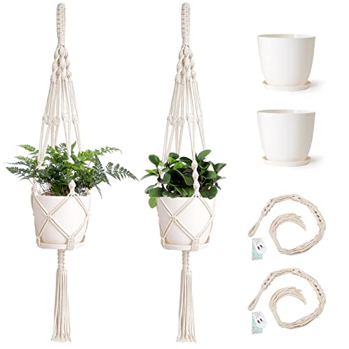 Mkono Macrame Plant Hangers with Pots Indoor Set of 2 Hanging Planters ...