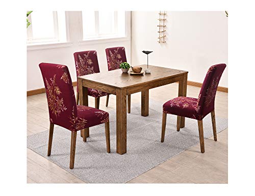 YISUN Modern Stretch Dining Chair Covers Removable Washable Spandex Slipcovers for High Chairs 4/6 PCs Chair Protective Covers (Red/Leaf Pattern, 6 PCS) - Thumbnail 6