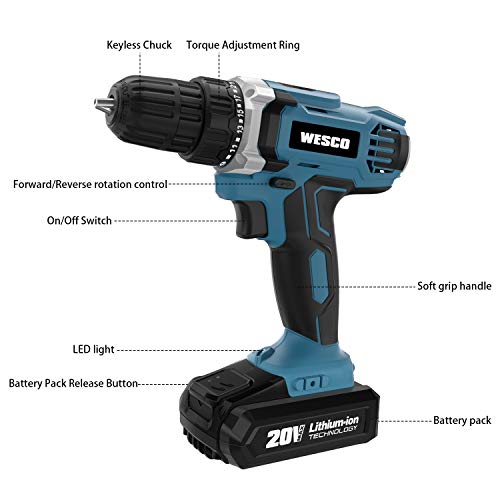 Cordless Drill/Driver, WESCO 20V Electric Drill Set 42pcs with Lithium-ion Battery and Charger, 21+1 Clutch, 3/8\